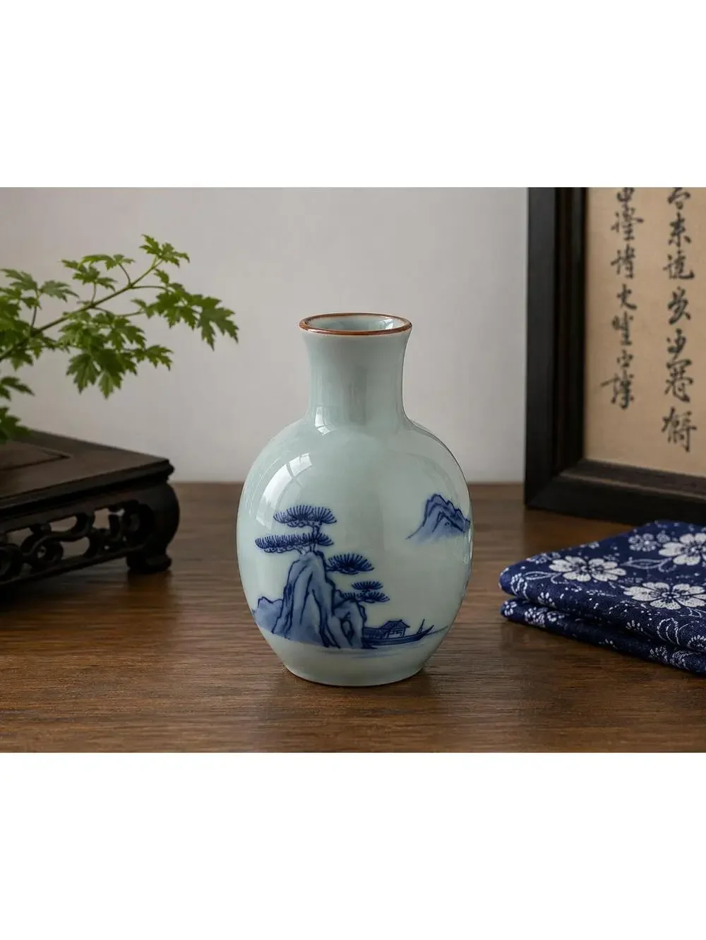 Vintage Japanese Seto Ware Tokkuri Sake Bottle Celadon Blue Landscape Vase